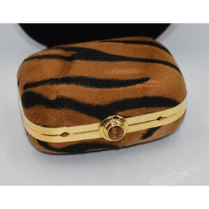 JR Comeco Designer Hardshell Leopard Print Tiger eye Clutch Gold Shoulder Chain